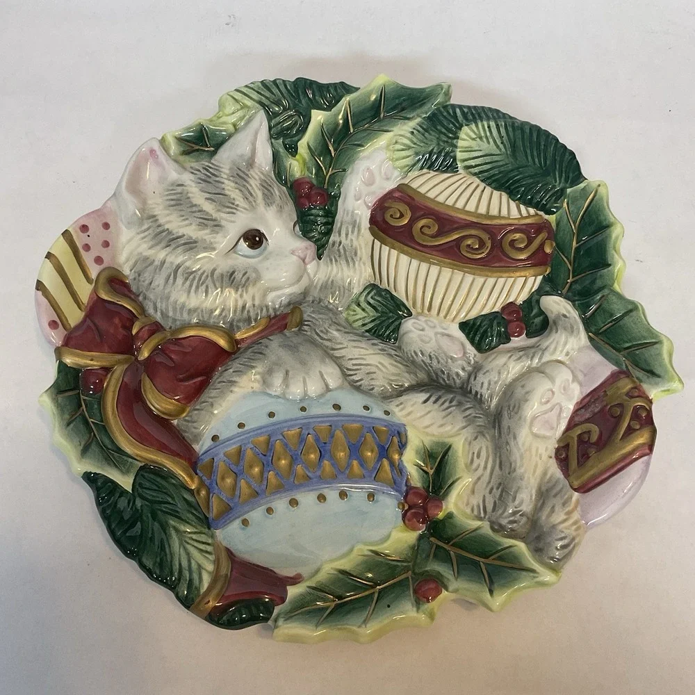 Fitz and Floyd KRISTMAS KITTY Cat Christmas Holiday Canape Plate